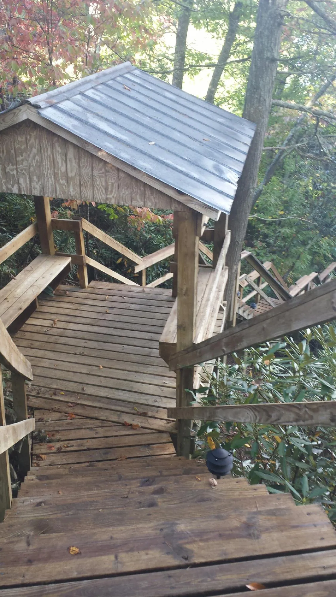 Metal roofed shelter over wooden steps on a wooded walkway — Skylight Repair & Installation work by our crew in Mc David
